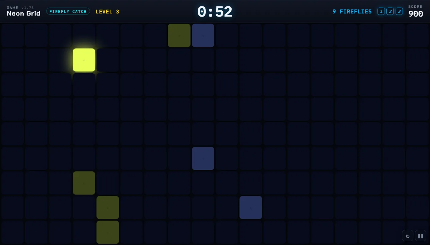 Firefly Catch: yellow glowing squares on a night-dark floor