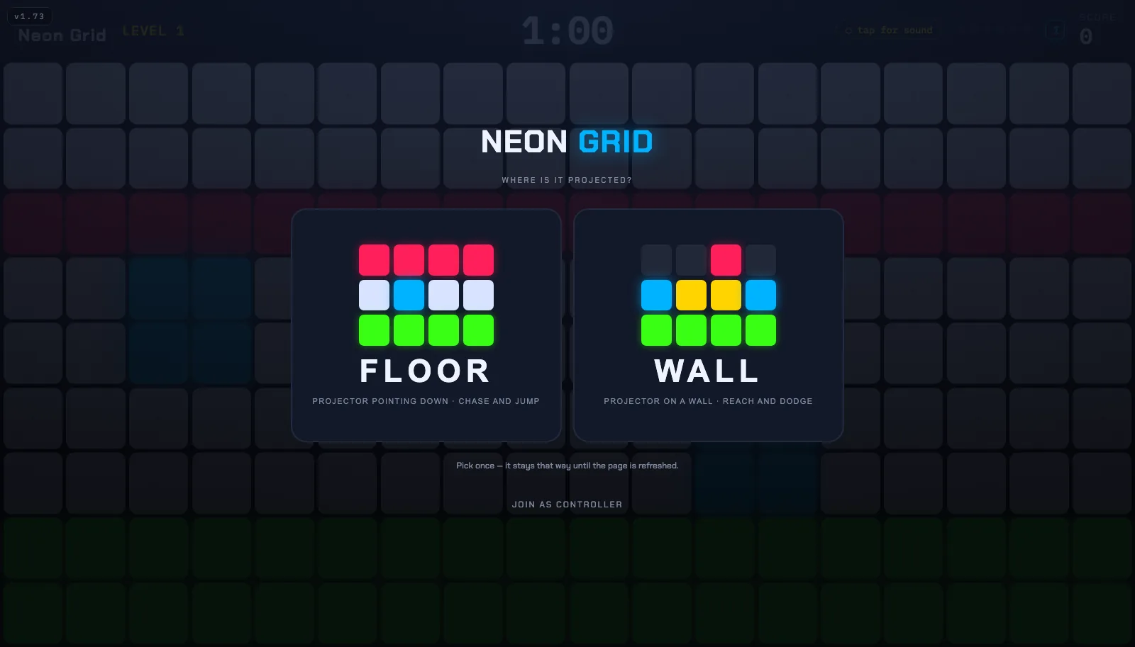 The start screen: NEON GRID, choose Floor or Wall