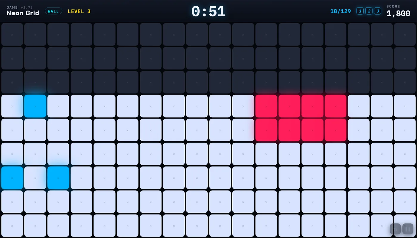 Wall Classic: a white wall grid with blue targets and a red block